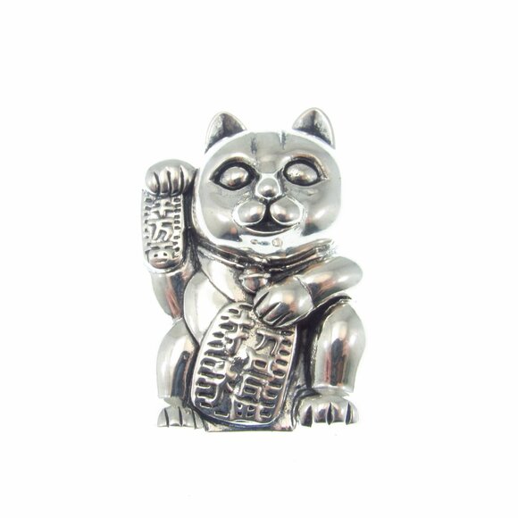 Solid 925 Sterling Silver Lucky Cat / Maneki Neko Slide Pendant Japanese Fortune - Picture 3 of 8